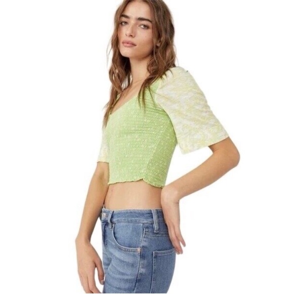 Free People Tops - Free People Marigold top green yellow Key Lime floral smocked jersey cropped
